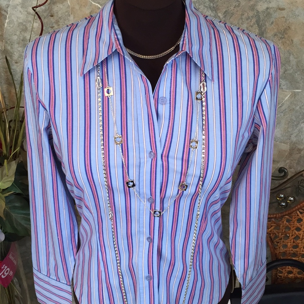 Ninety 🌹Shirt top blouse tunic striped shape flattering 4 button cuff - Picture 3 of 8